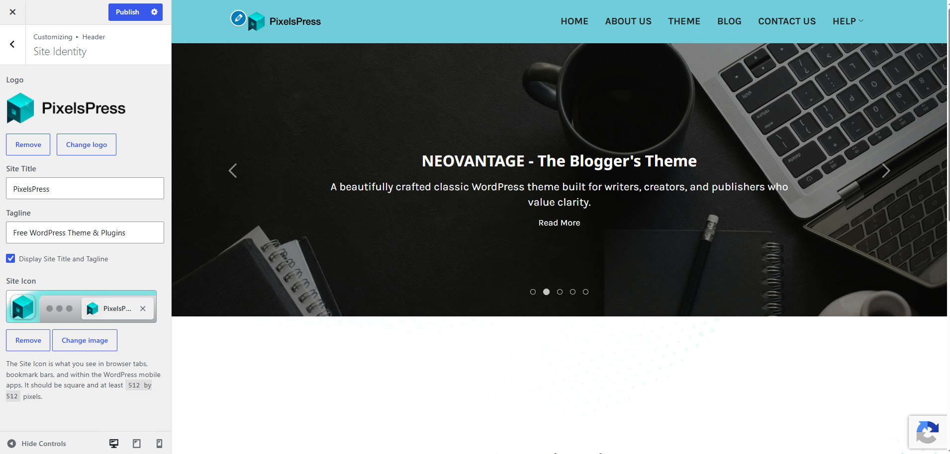 PixelsPress logo uploaded and showing in the NEOVANTAGE header